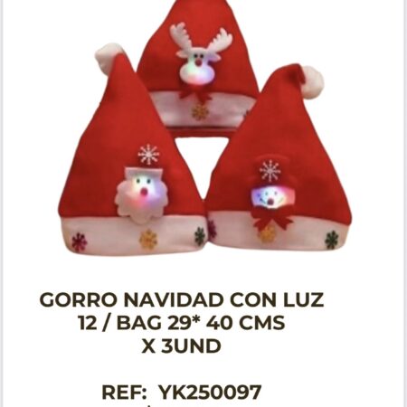 Gorro Navidad con Luz Figuras 29x40cm x 3 unidades