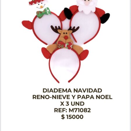 Diadema de Navidad Reno Nieve y Papanoel x 3 unidades